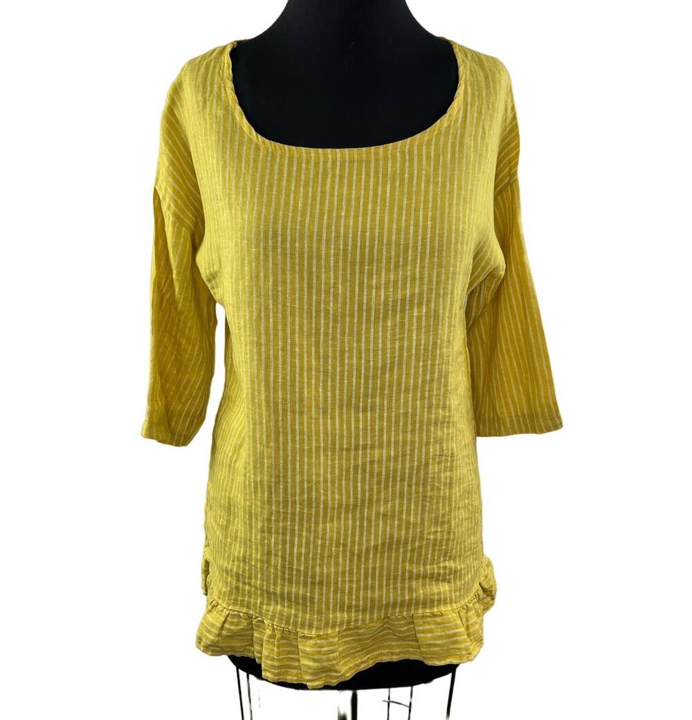 Lungo L'Arno Yellow White M Top Striped Round Neck 3/4 Sleeve Ruffle ITALY